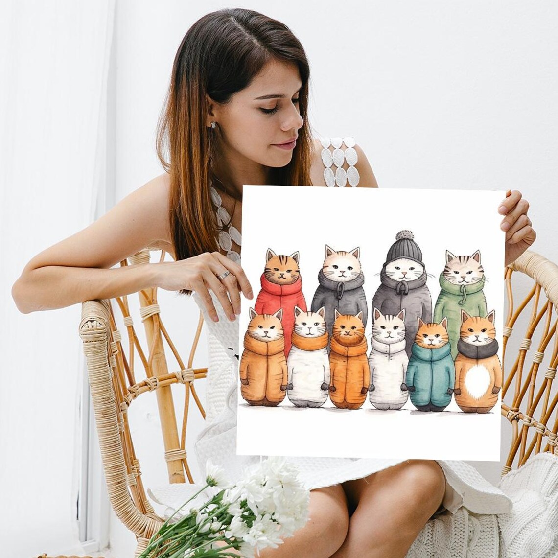 Cozy Cats Winter Coats Watercolor Nine Cute Feline Friends Art Poster - Image 3