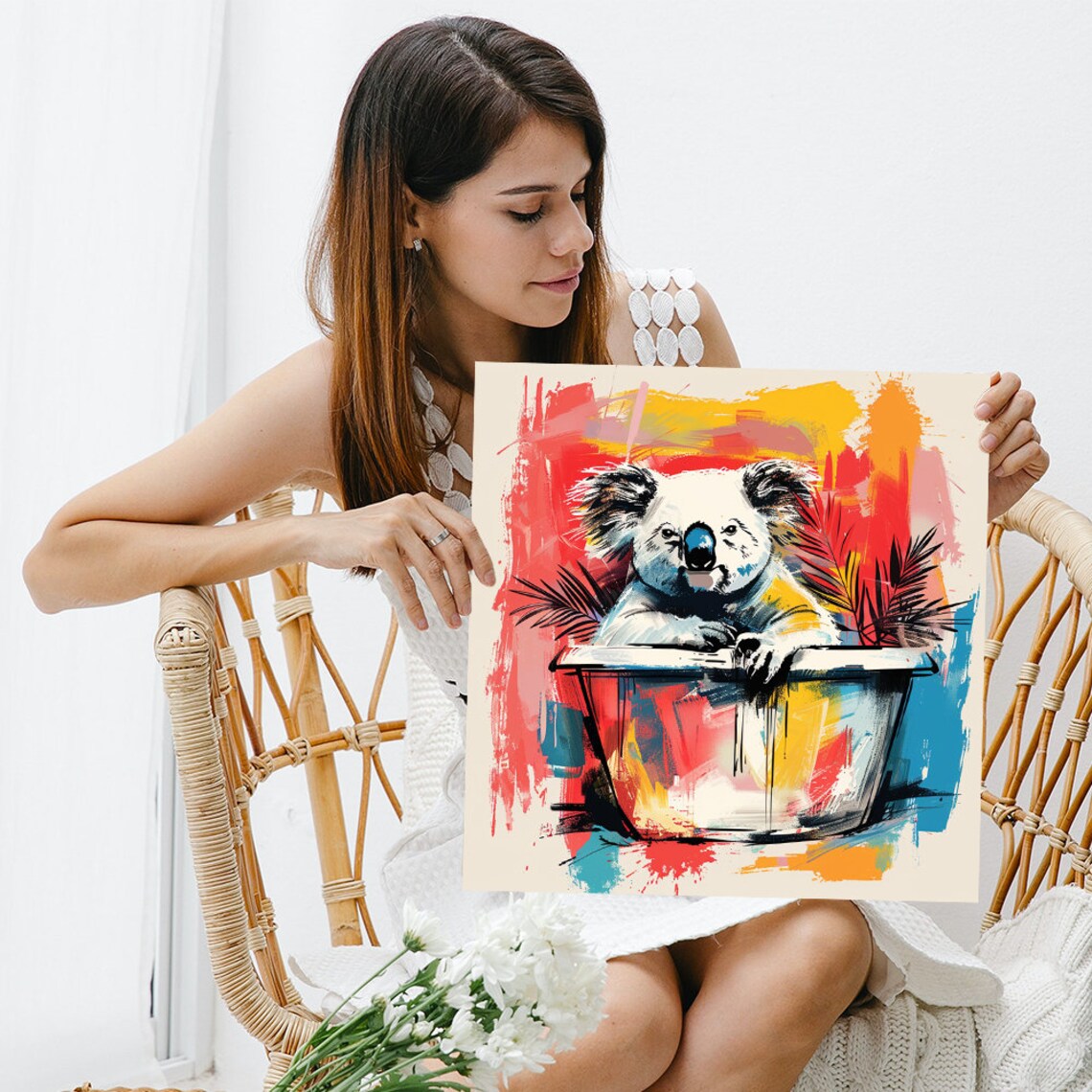 Koala Bear in Bucket Pop Art Brushstrokes Red Blue Yellow Fun Poster - Image 3