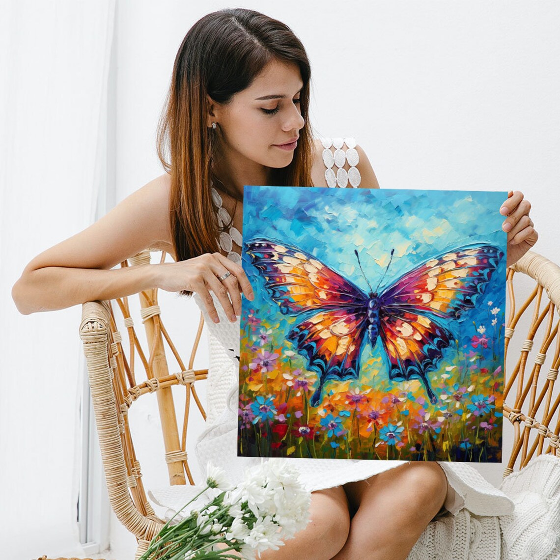 Vibrant Butterfly Wildflower Meadow Impasto Oil Painting Wall Poster - Image 3