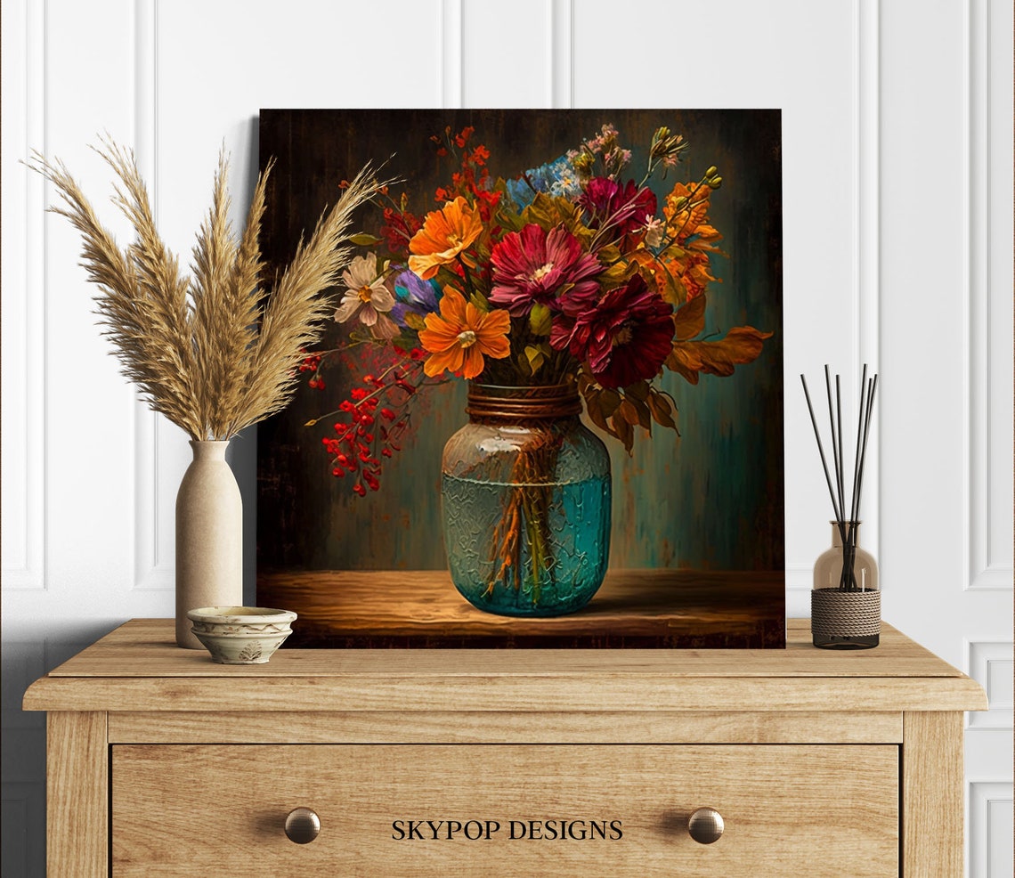 Autumn Cosmos Red Peony Bouquet Turquoise Glass Jar Floral Poster - Image 2