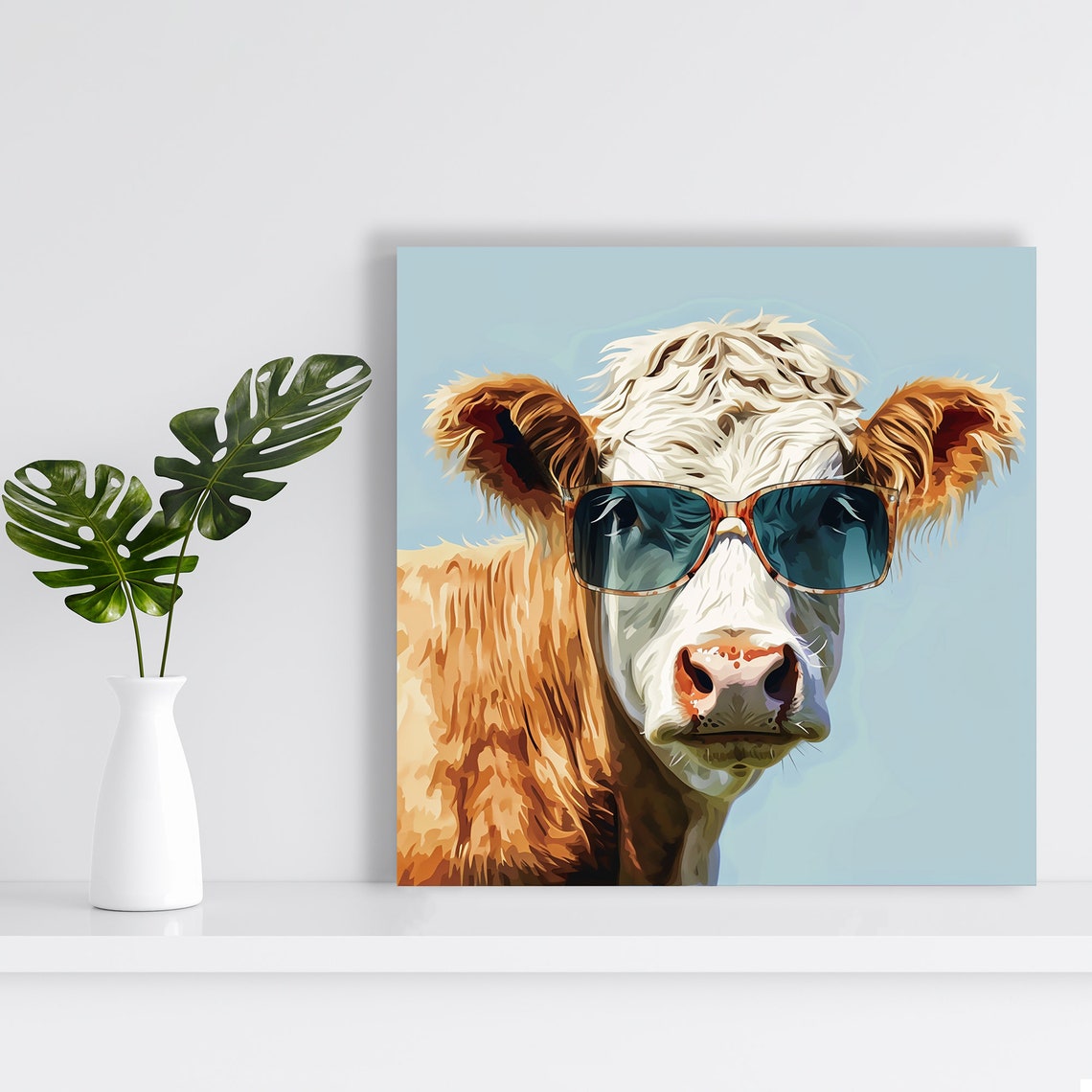 Cool Cow Wearing Sunglasses Light Blue Funny Farm Wall Poster - Image 2