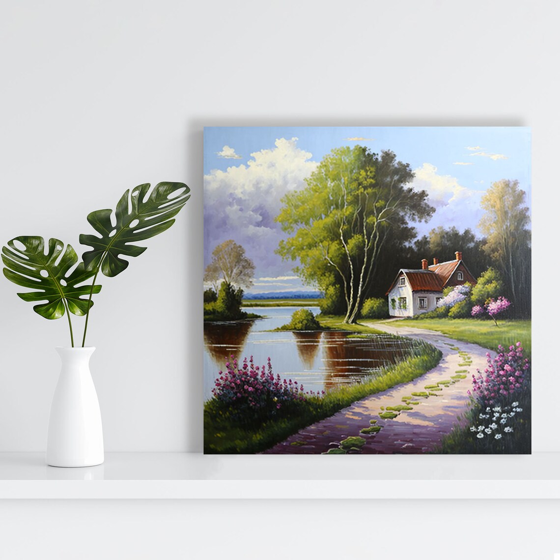 Lakeside Red Roof Cottage Winding Flower Path Serene Landscape Poster - Image 2