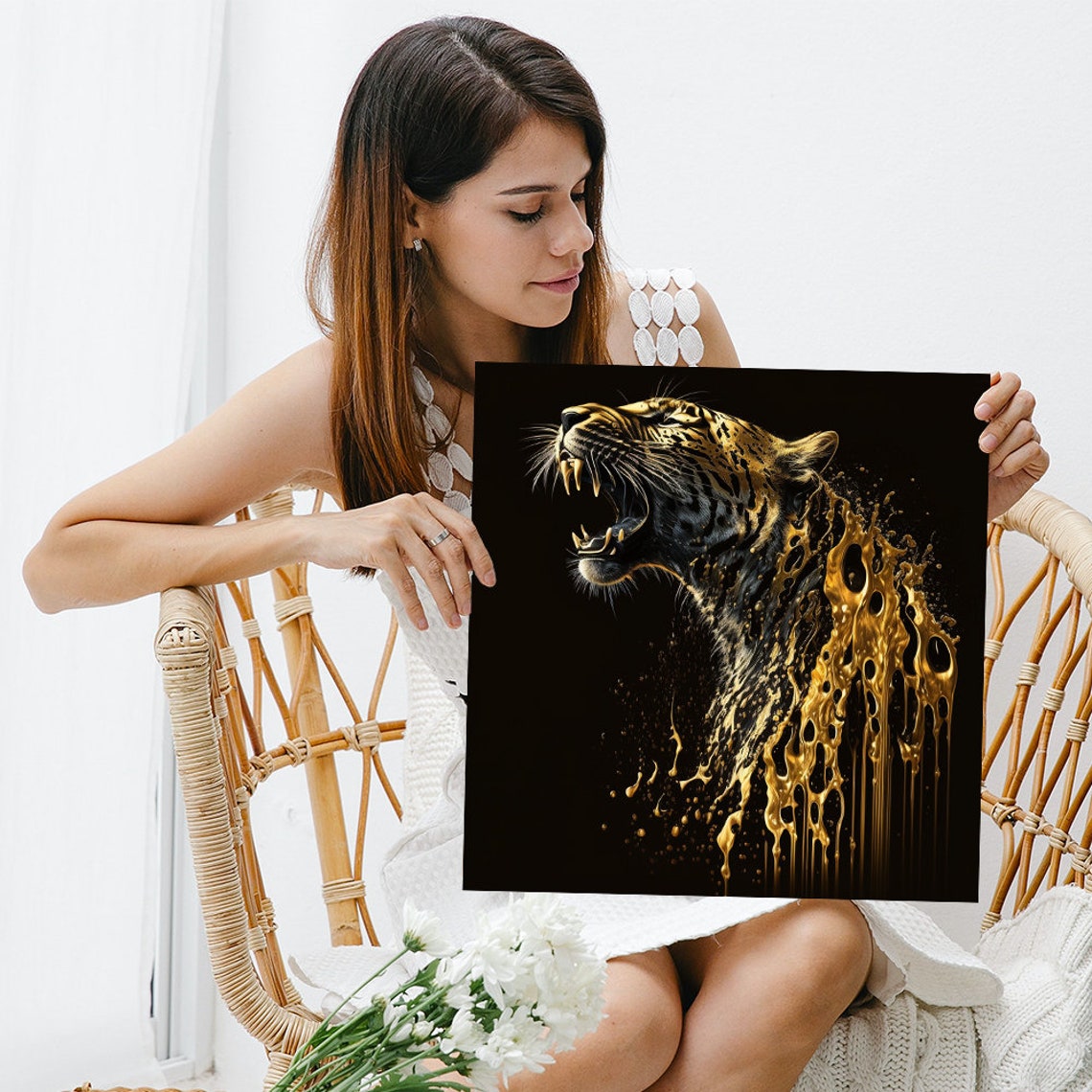 Roaring Tiger Gold Paint Splash Dramatic Black Background Wall Art - Image 3