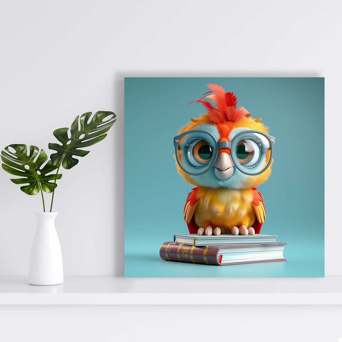 Wise Baby Owl Glasses Standing On Books Cute 3D Animal Poster - Image 2