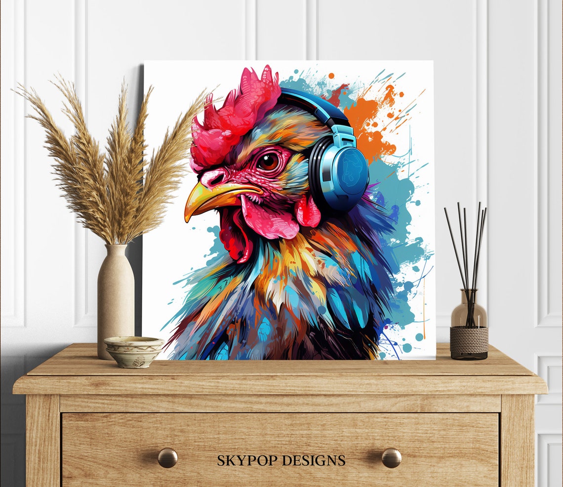 Rooster Wearing Blue Headphones Colorful Pop Art Music Poster - Image 2