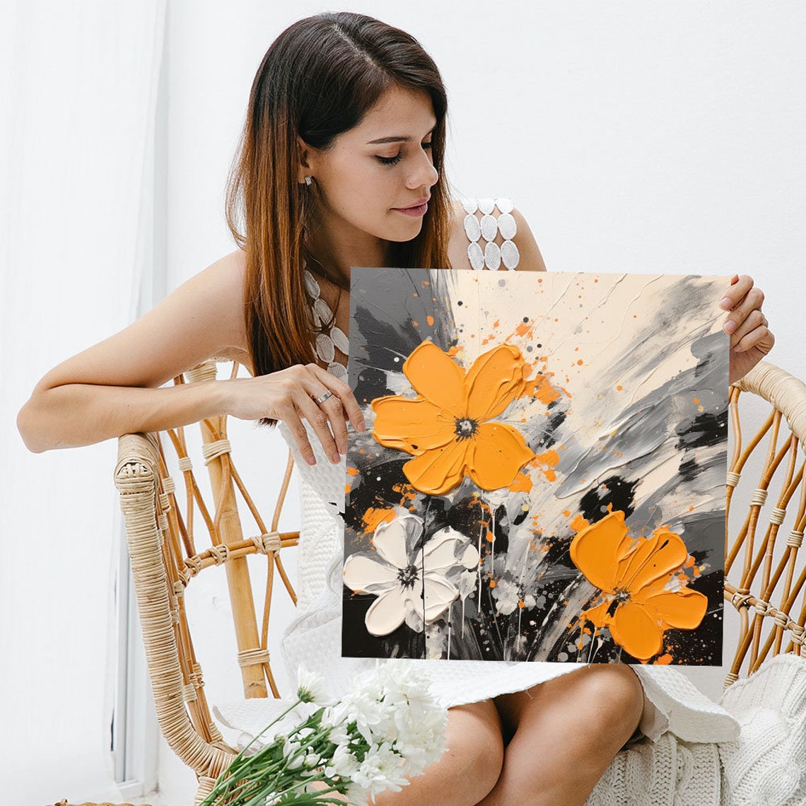 Orange Poppy Flowers Black Gray Splatter Impasto Modern Art Poster - Image 3