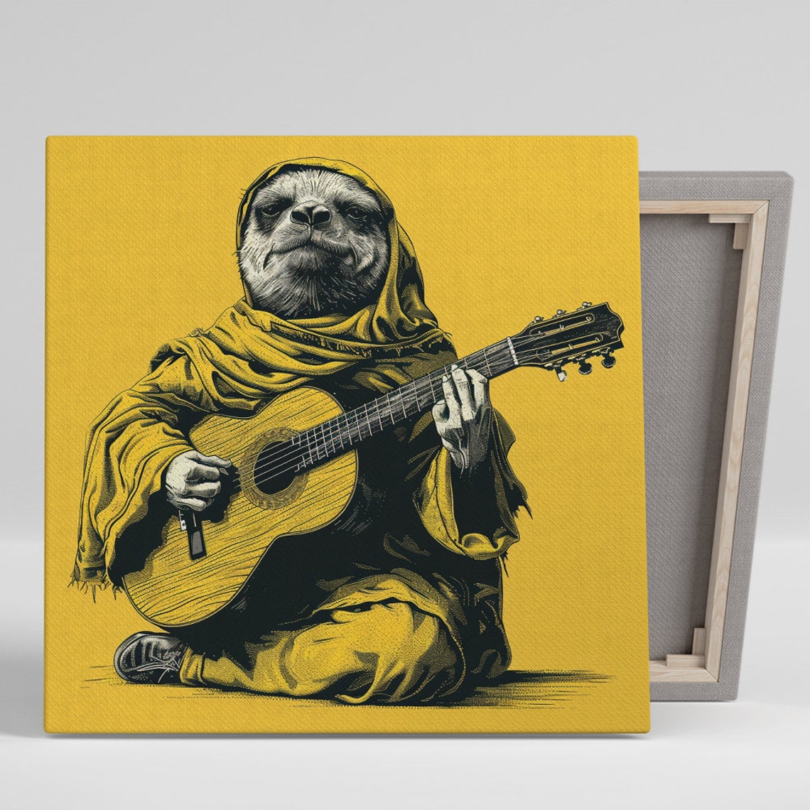 Sloth Playing Acoustic Guitar Mustard Yellow Boho Music Wall Art