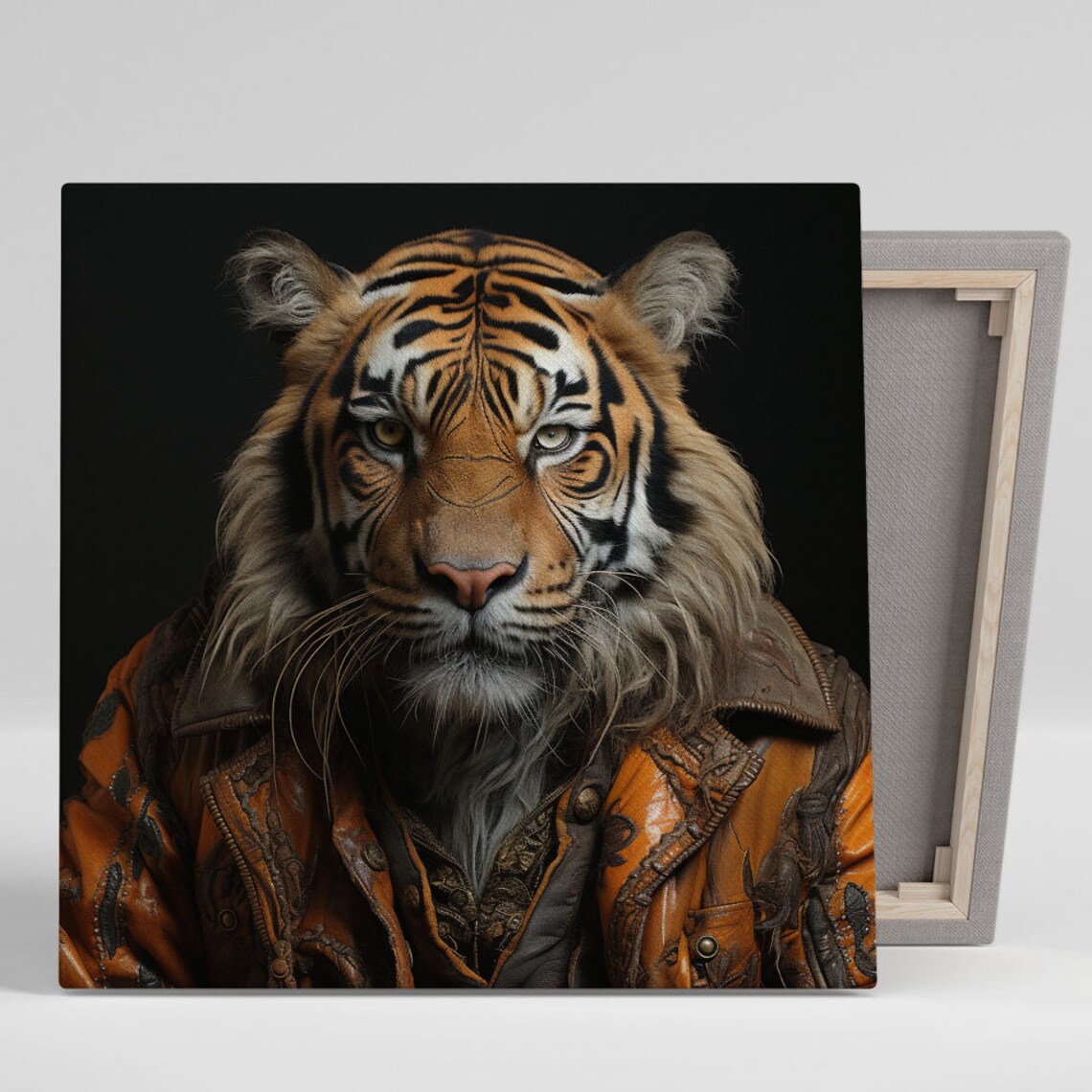 Tiger Wearing Vintage Leather Jacket Portrait Whimsical Animal Art Poster