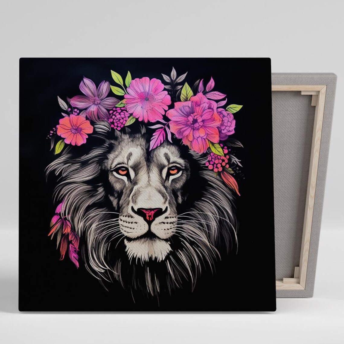 Floral Majesty Lion Crown Pink Wildflowers Bold Black Background Wall Poster