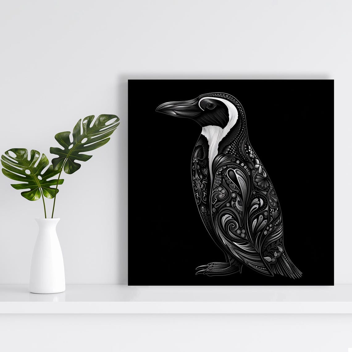 Penguin Silhouette Intricate White Zentangle Pattern Black Wall Poster - Image 2