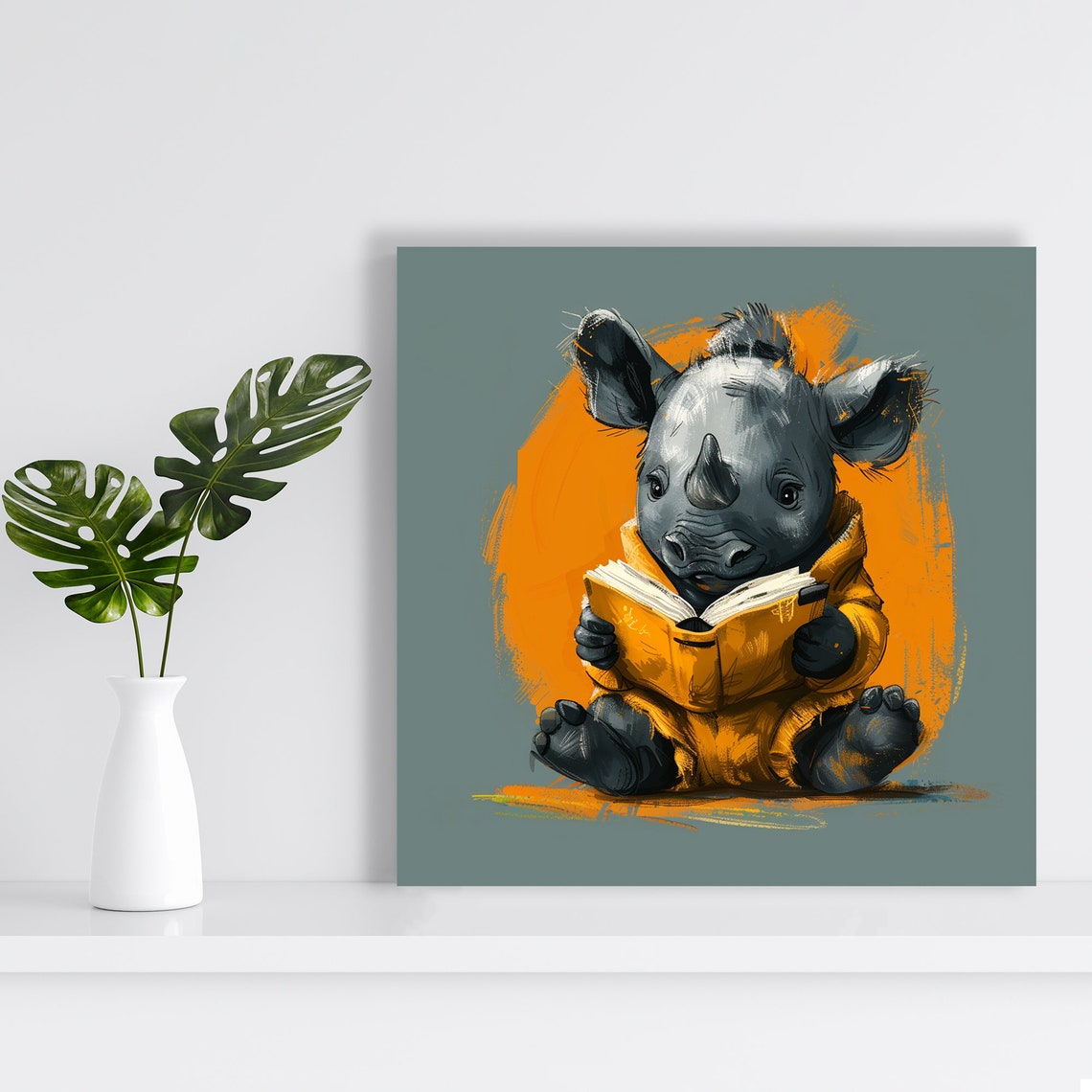 Baby Rhino Reading Book Whimsical Bookworm Nursery Wall Art Poster - Image 2