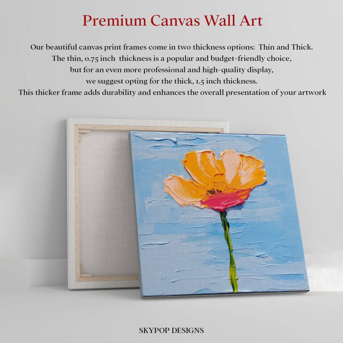 Single Orange Poppy On Blue Minimalist Impasto Flower Canvas Poster - Image 2