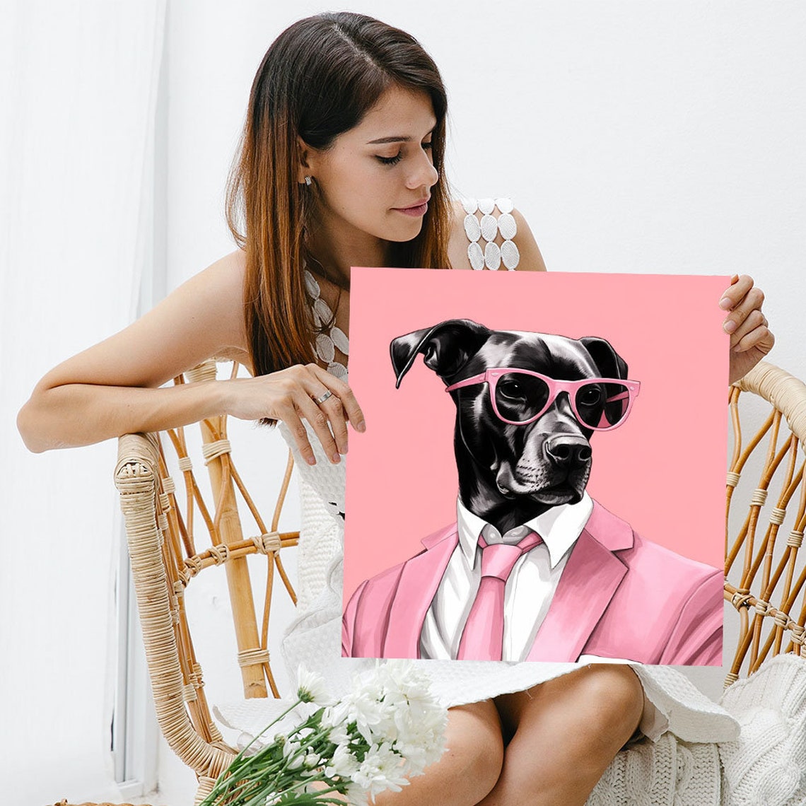 Black Dog In Pink Suit With Pink Sunglasses Cool Whimsical Pet Poster - Image 3
