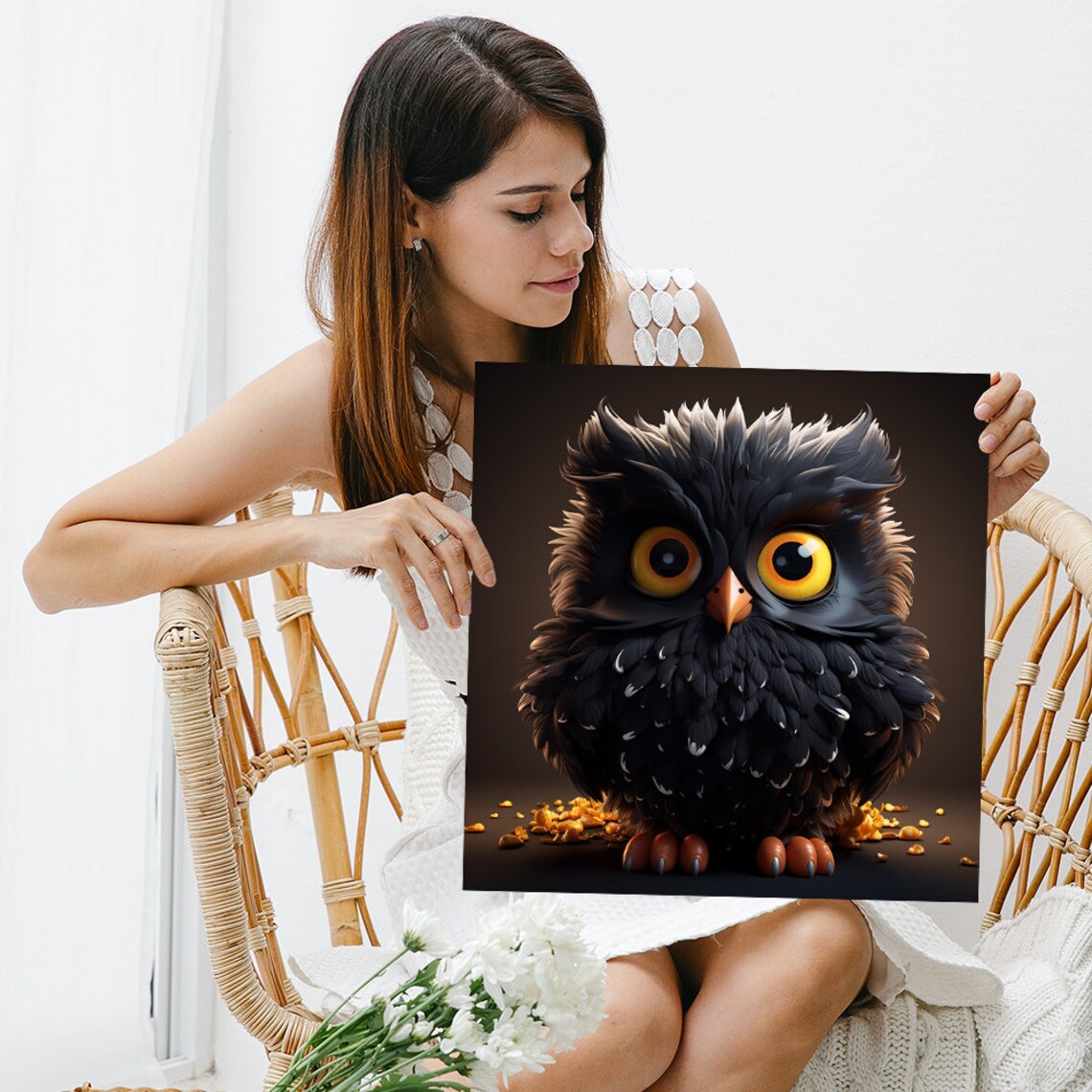 Cute Baby Owl Big Yellow Eyes Portrait Whimsical Nursery Decor Poster - Image 3