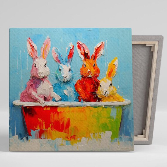 Colorful Bunny Brigade Rainbow Bathtub Oil Painting Cute Animal Poster
