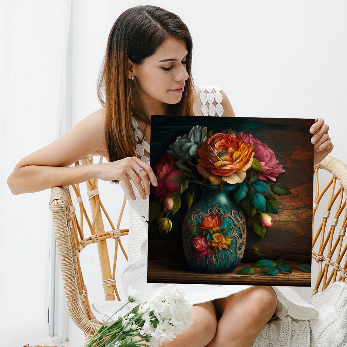 Coral Rose Bouquet Ornate Teal Vase Dark Classic Floral Art Poster - Image 5