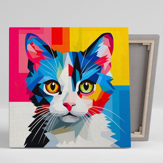 Geometric Cat Art Or Poster Pop Art Contemporary Decor Living Room Bedroom Office Childrens Room Art Multicolor Blue Red Yellow