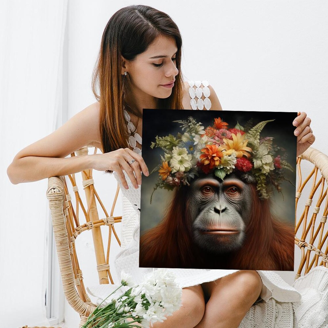 Orangutan Floral Crown Moody Wildlife Portrait Animal Art Poster - Image 3