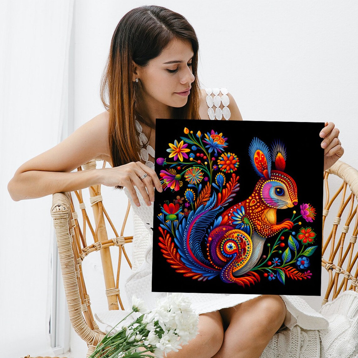 Floral Bunny Mandala Poster Vibrant Flowers On Black Fantasy Rabbit Print - Image 3