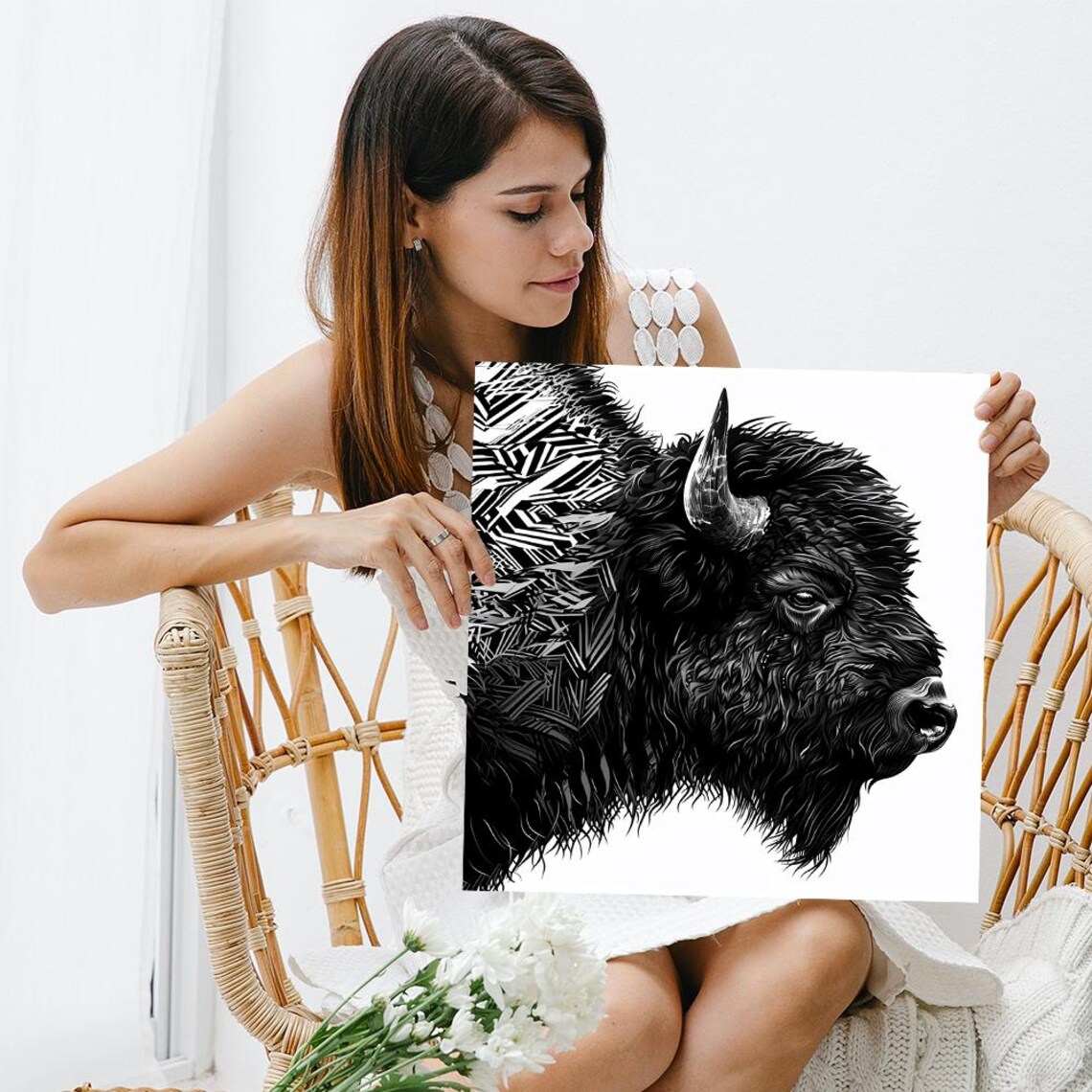 Majestic Bison Black White Tribal Ink Detailed Wild Animal Poster - Image 3