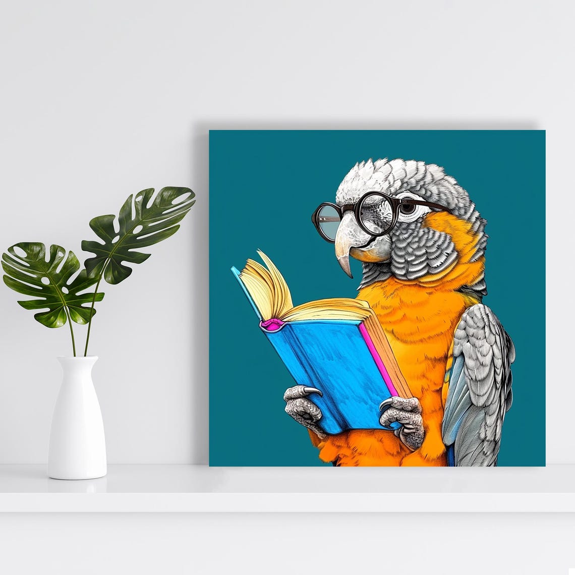 Parrot With Round Glasses Reading A Book On Teal Background Poster - Image 2