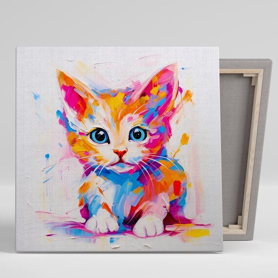 Playful Kitten Colorful Splash Paint Abstract Cute Animal Portrait Poster