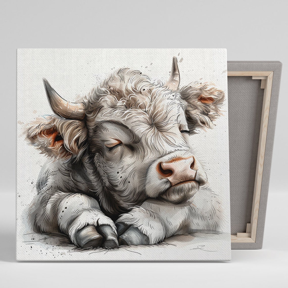 Sleeping Fluffy Highland Cow Watercolor Cozy Farm Wall Poster
