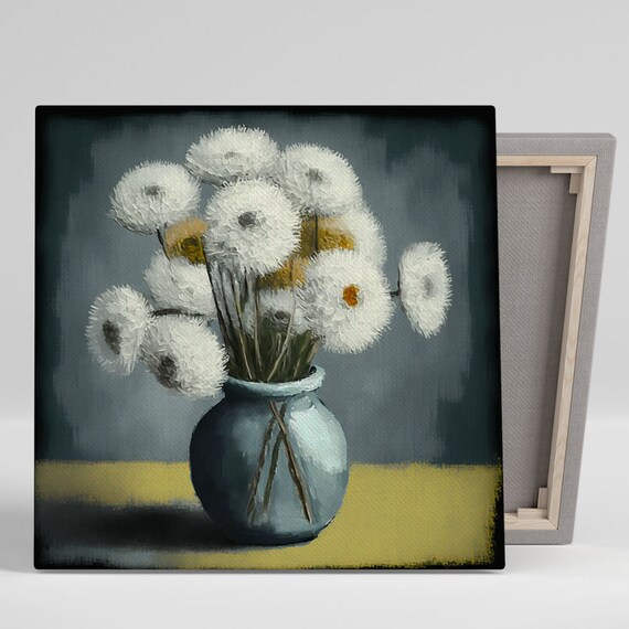 White Dandelion Seed Head Bouquet Blue Vase Modern Minimal Flower Poster