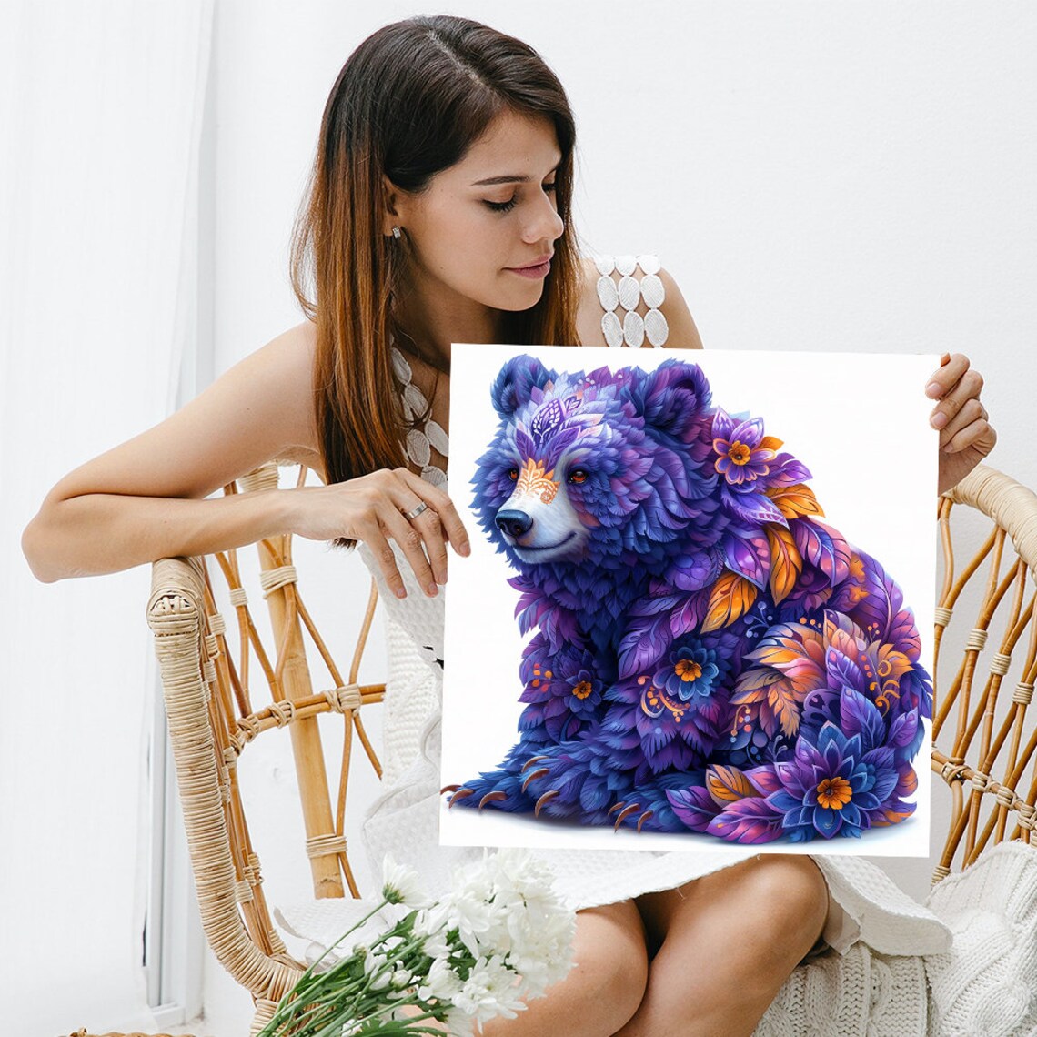 Floral Fantasy Bear Portrait Purple Blue Bloom Design Art Poster - Image 3