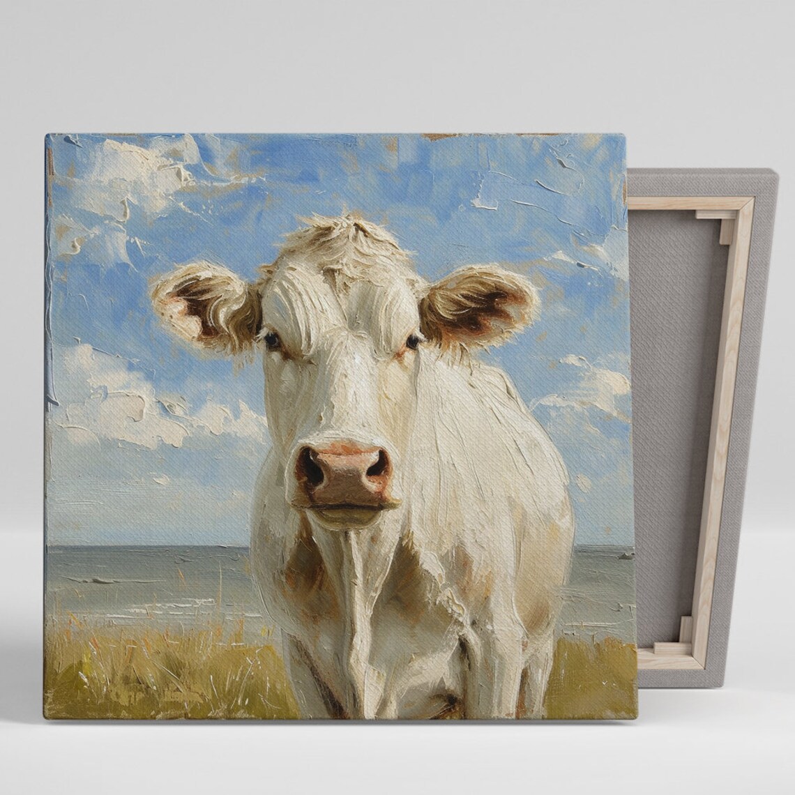 White Cow Portrait Oil Painting Blue Sky Pastoral Farmhouse Wall Art