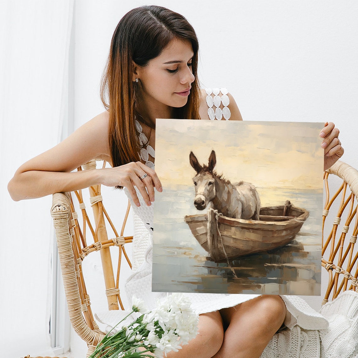 Donkey In Wooden Rowboat Calm Water Soft Painterly Nautical Art Poster - Image 3