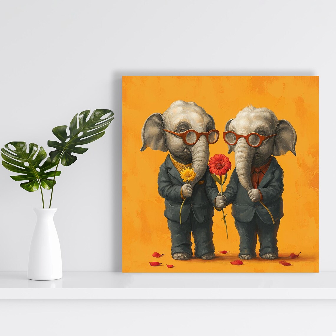 Two Dapper Elephants In Suits Red Glasses Holding Flowers Couple Wall Art - Image 2