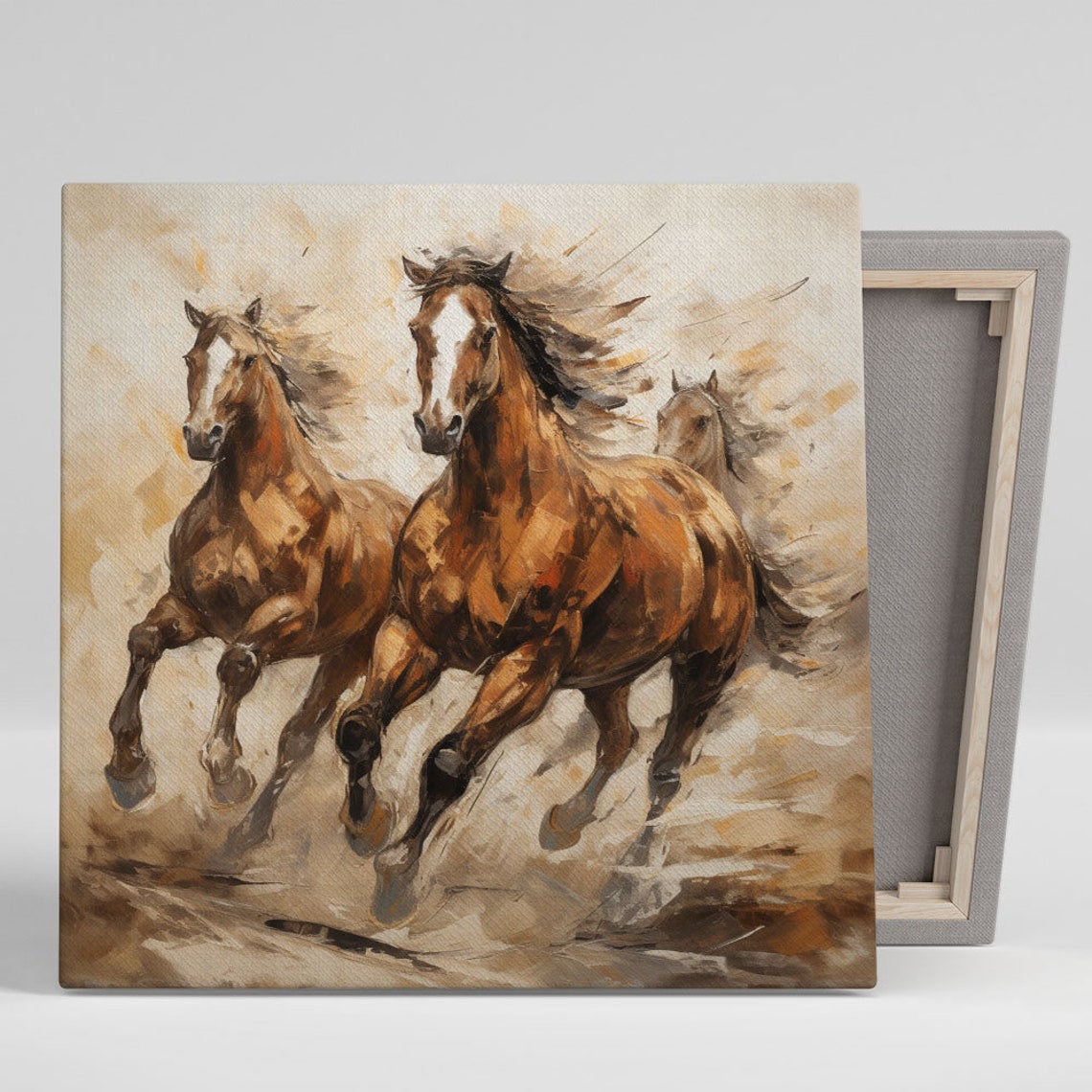 Three Running Wild Horses Herd Warm Watercolor Western Canvas Poster