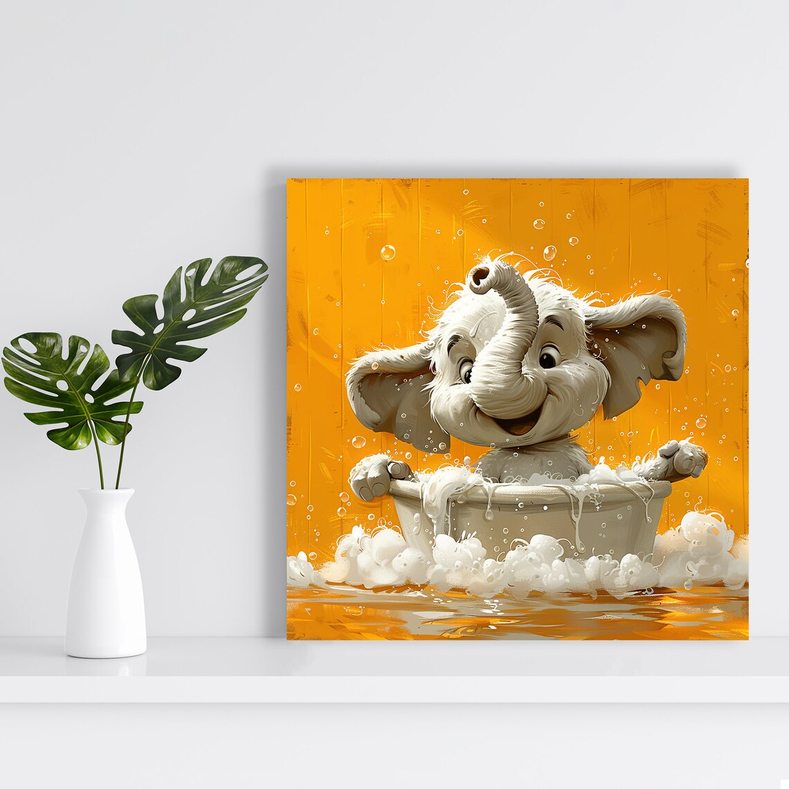 Baby Elephant Bubble Bath Golden Yellow Cheerful Nursery Poster - Image 2