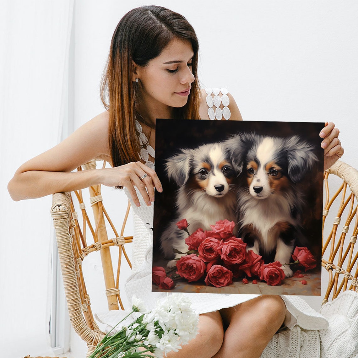 Dogs With Red Flower Art Or Poster Pet Themed Artwork Contemporary Dog And Flower Art Animal Art Dog Wall Art Home Decor - Image 5