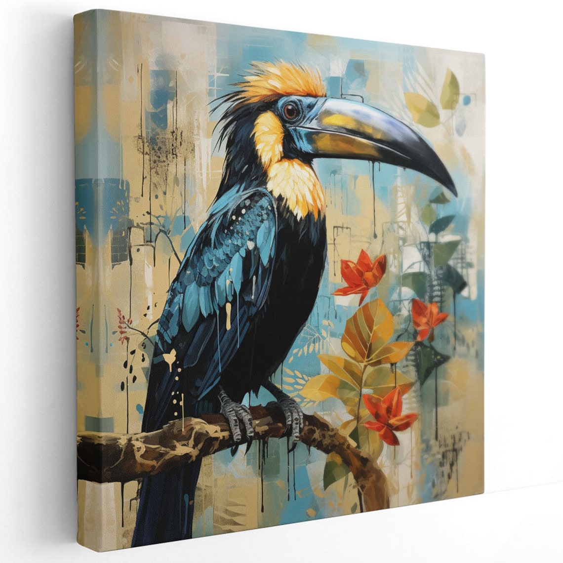 Colorful Hornbill Perched On Branch Red Flowers Tropical Bird Poster - Image 3