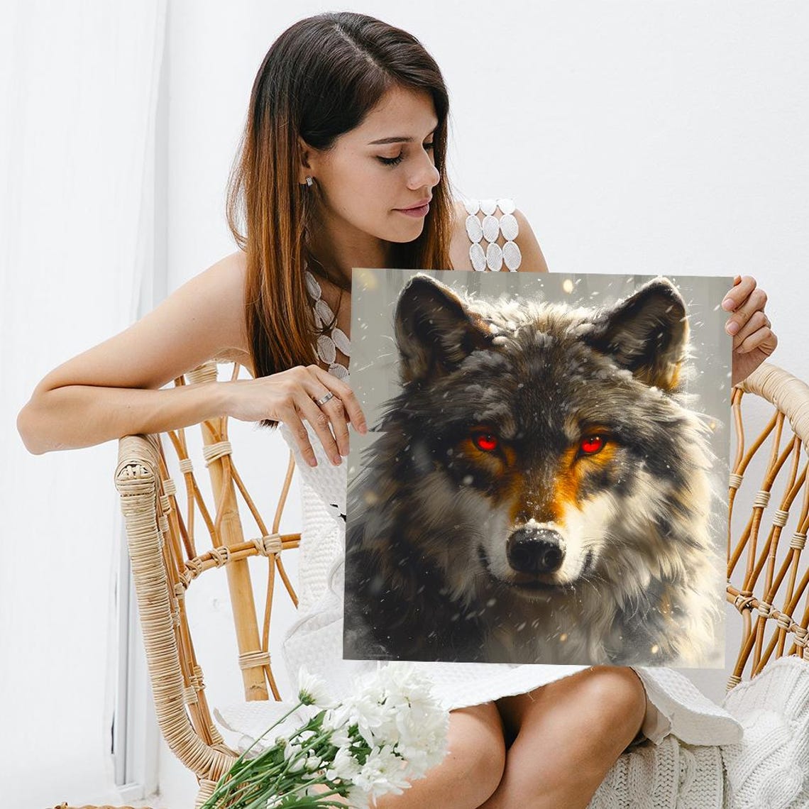 Fierce Wolf with Red Eyes in Snowfall Winter Guardian Animal Poster - Image 3