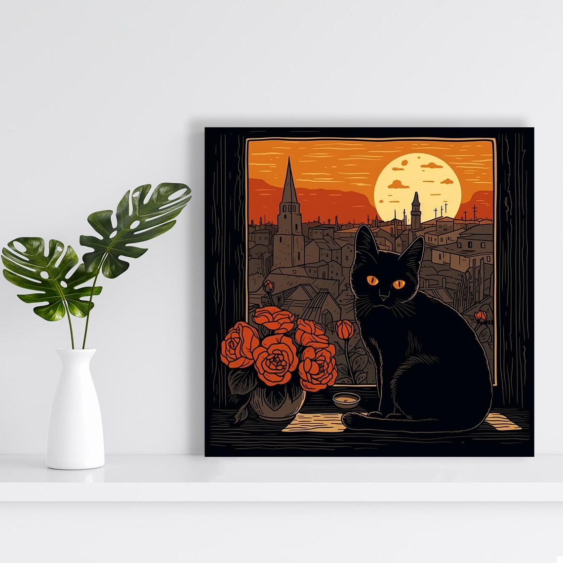 Midnight Cat Guardian Vintage Bohemian Art Print - Image 2