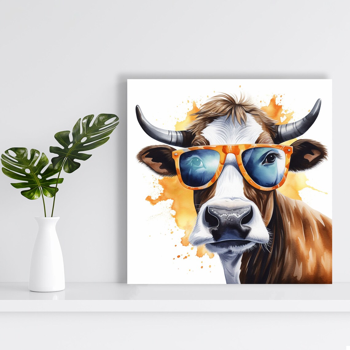 Cow Wearing Orange Sunglasses Fun Watercolor Pop Animal Poster - Image 2