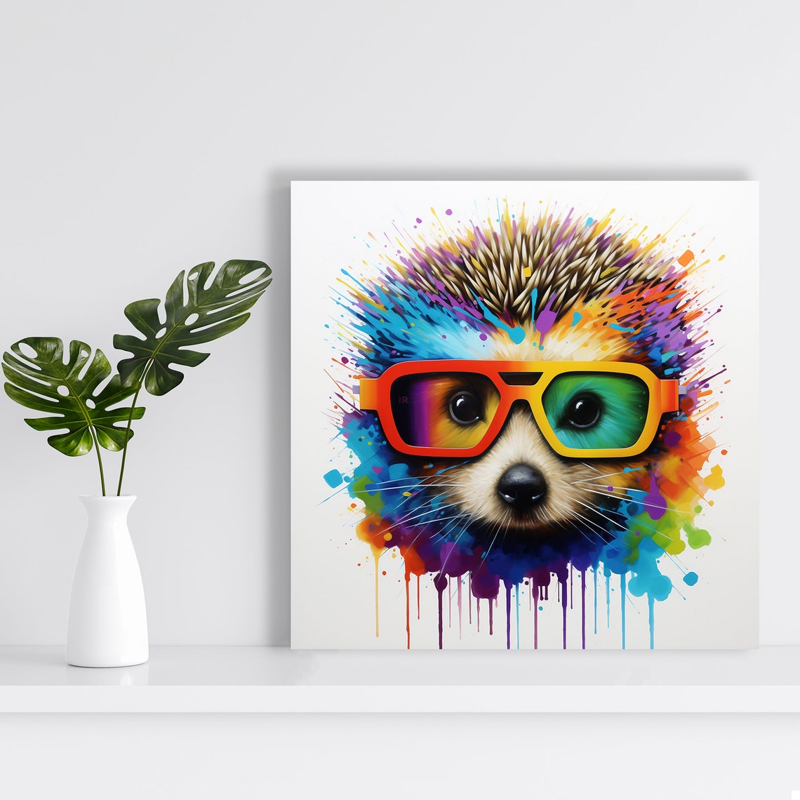 Hedgehog in Cool Sunglasses Rainbow Paint Splatter Fun Animal Poster - Image 2