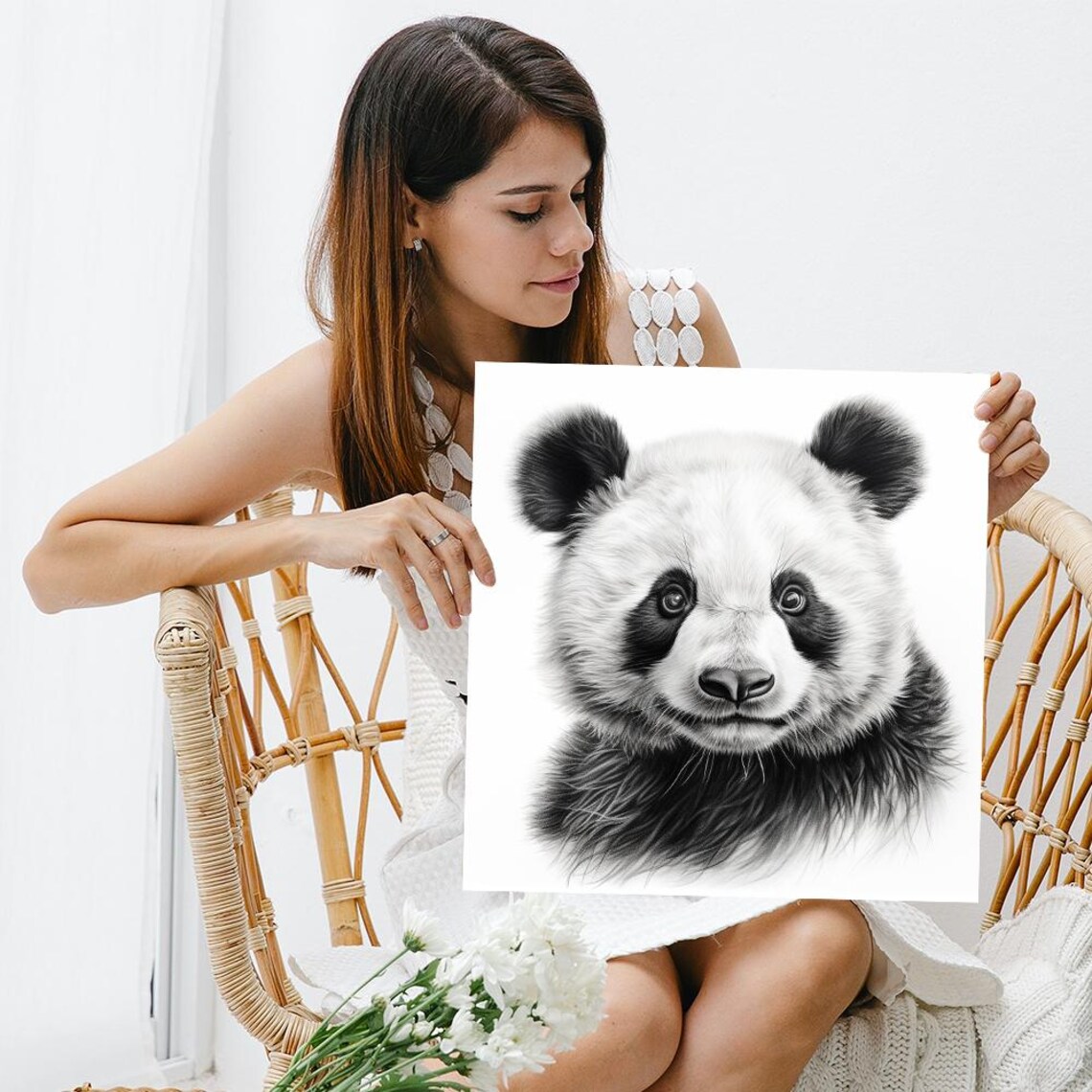 Panda Face Close Up Charcoal Sketch Black White Realistic Art Wall Poster - Image 3