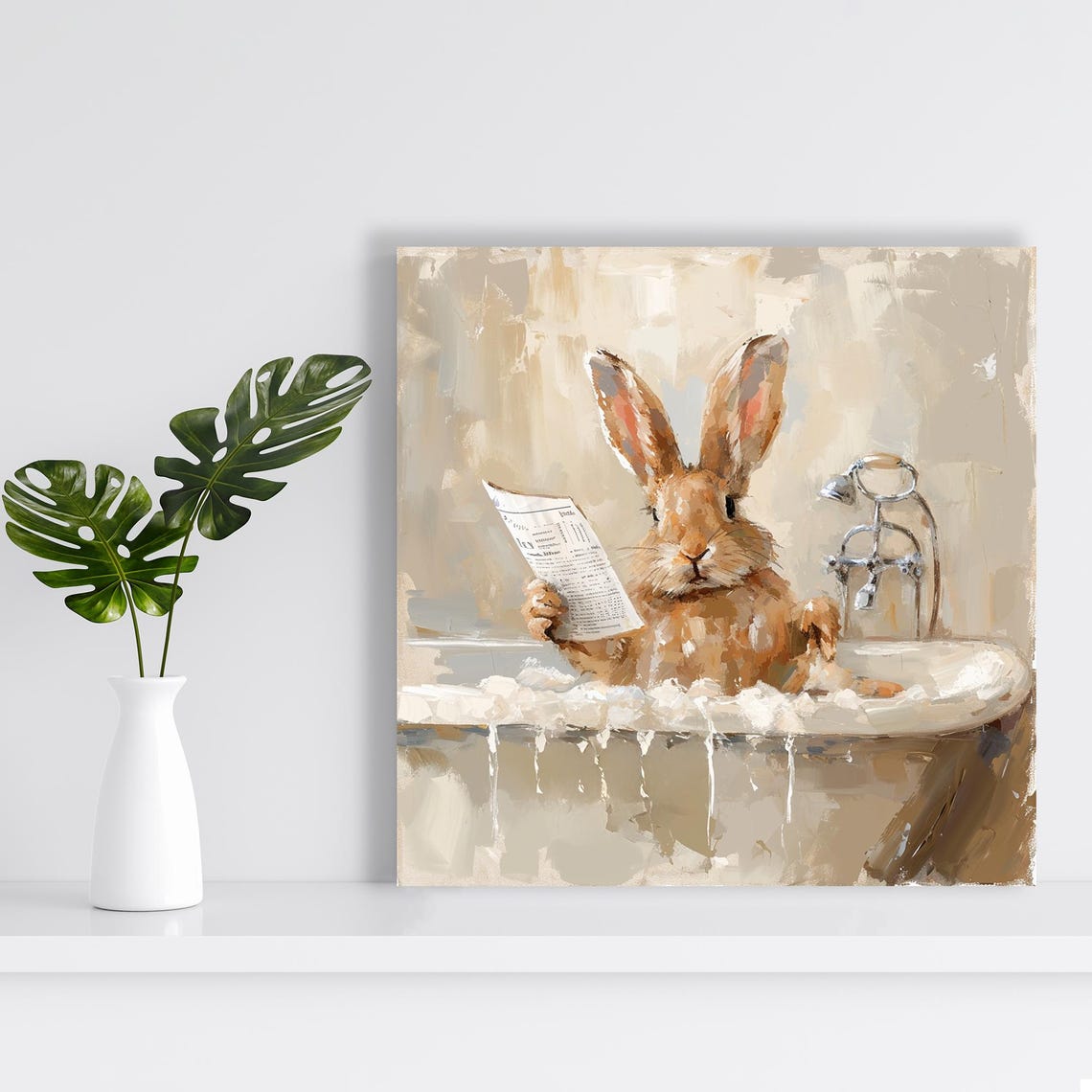 Bunny Reading Newspaper In Bathtub Funny Bathroom Wall Art Poster - Image 2