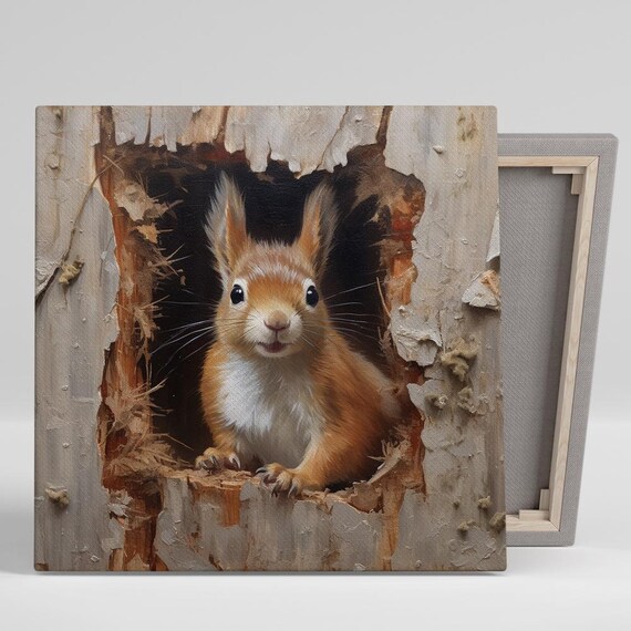 Curious Red Squirrel Peeking From Tree Hollow Nature Painting Poster