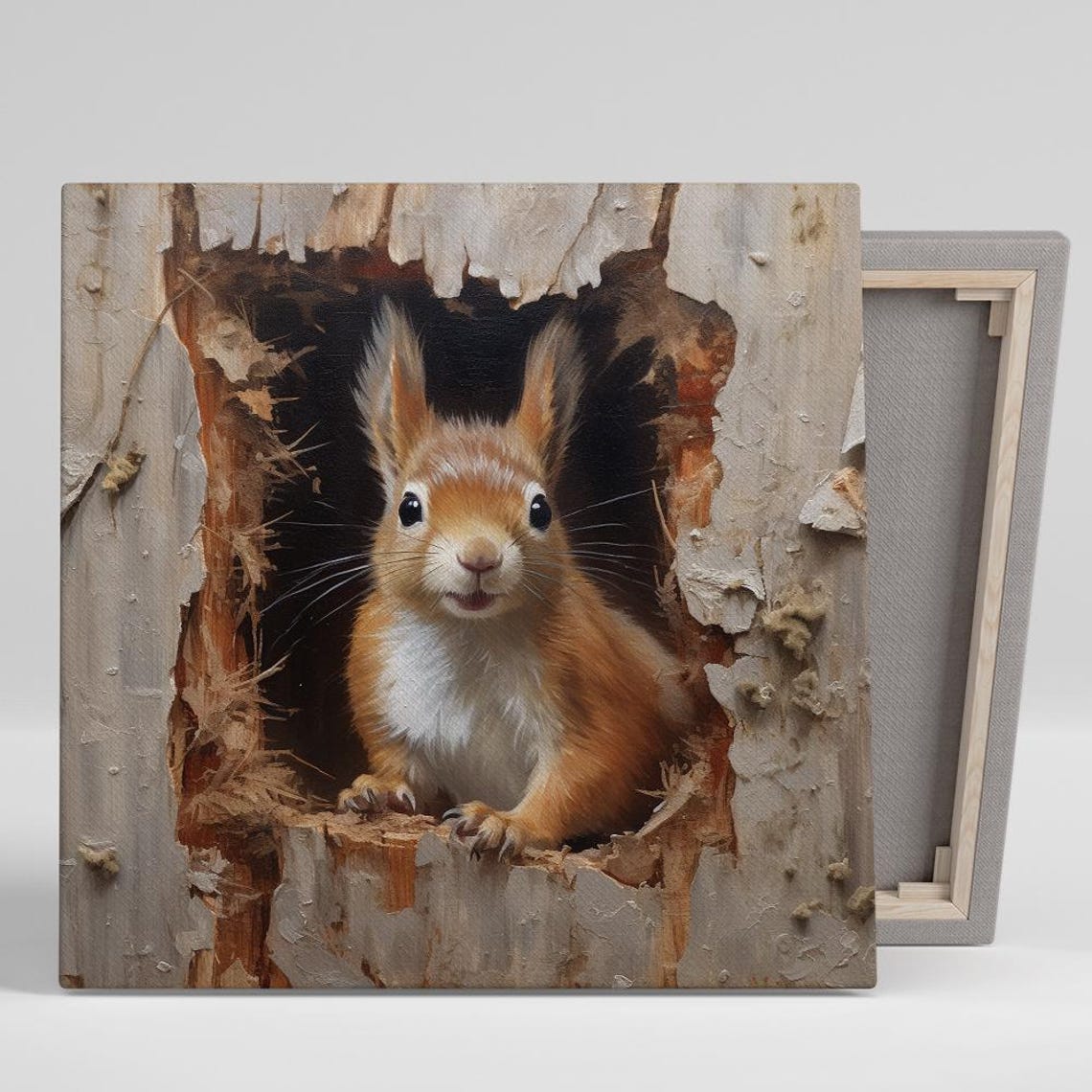 Curious Red Squirrel Peeking From Tree Hollow Nature Painting Poster