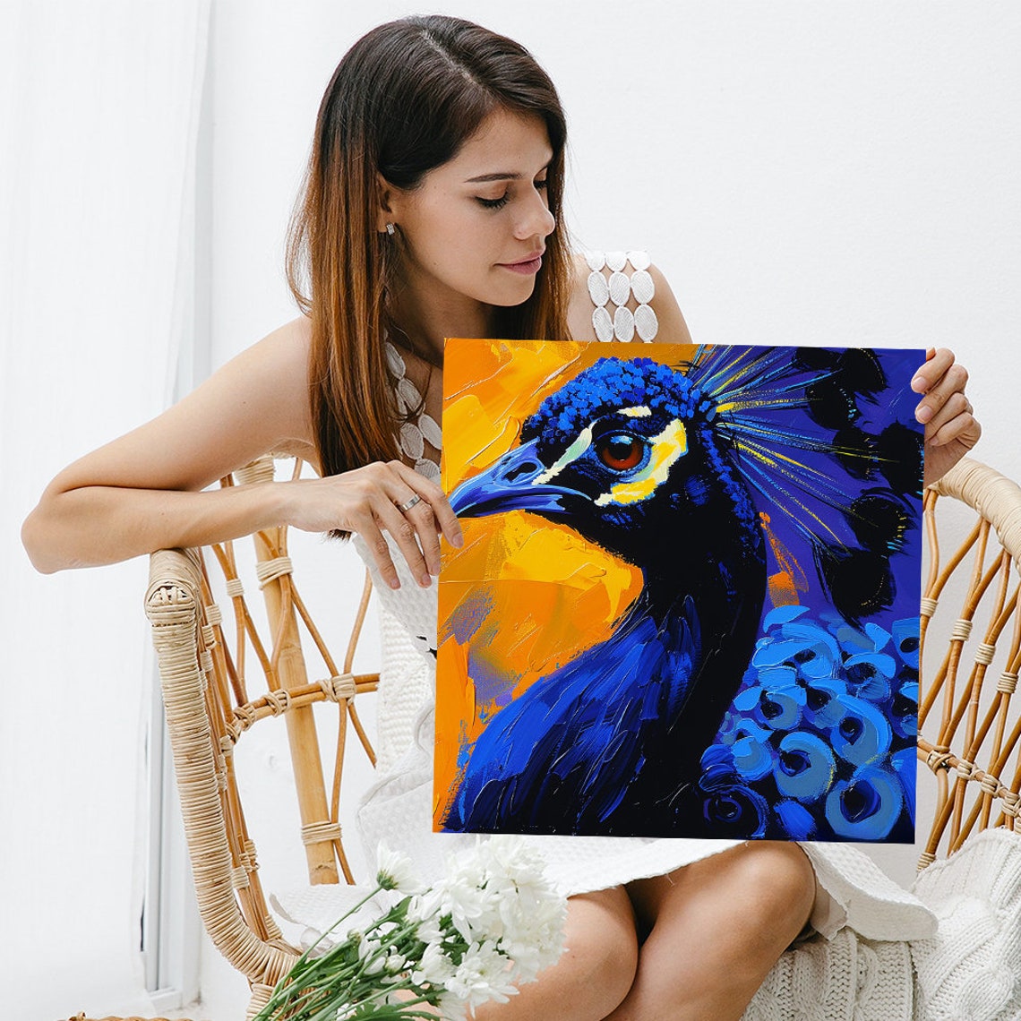 Vibrant Peacock Head Portrait Royal Blue Gold Dramatic Art Poster - Image 3