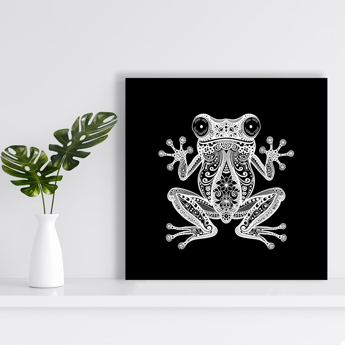 Frog Mandala White Ink Bohemian Zen Black Background Decor Poster - Image 2