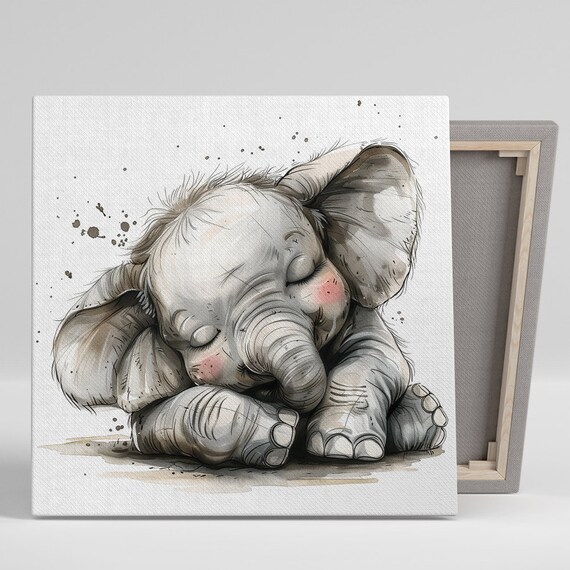 Sleepy Elephant Cuddles Baby Elephant Napping Watercolor Nursery Wall Poster