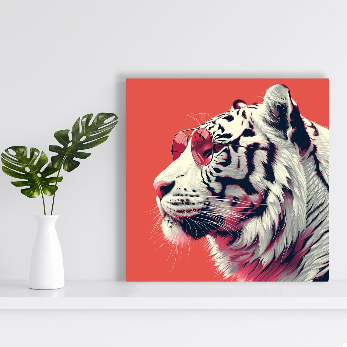 White Tiger Pink Sunglasses Pop Art Portrait Red Background Poster - Image 2