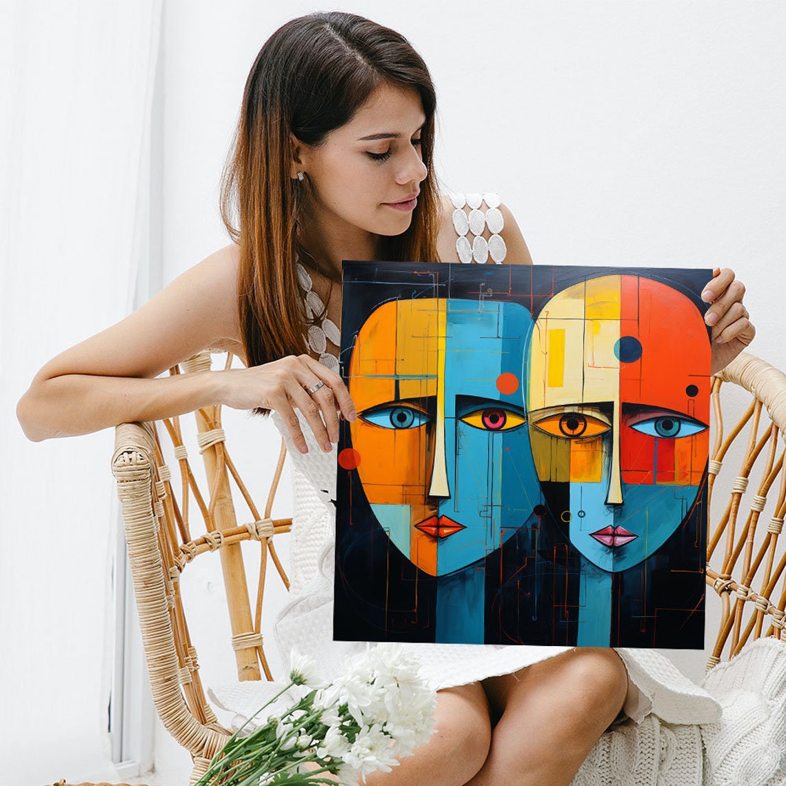 Two Abstract Faces Painting Bold Blue Orange Modern Duo Art Poster - Image 3