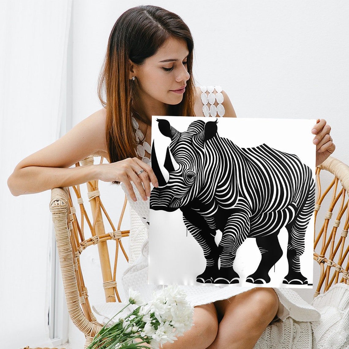 Rhino Black White Wavy Line Art Minimalist Modern Animal Poster - Image 3